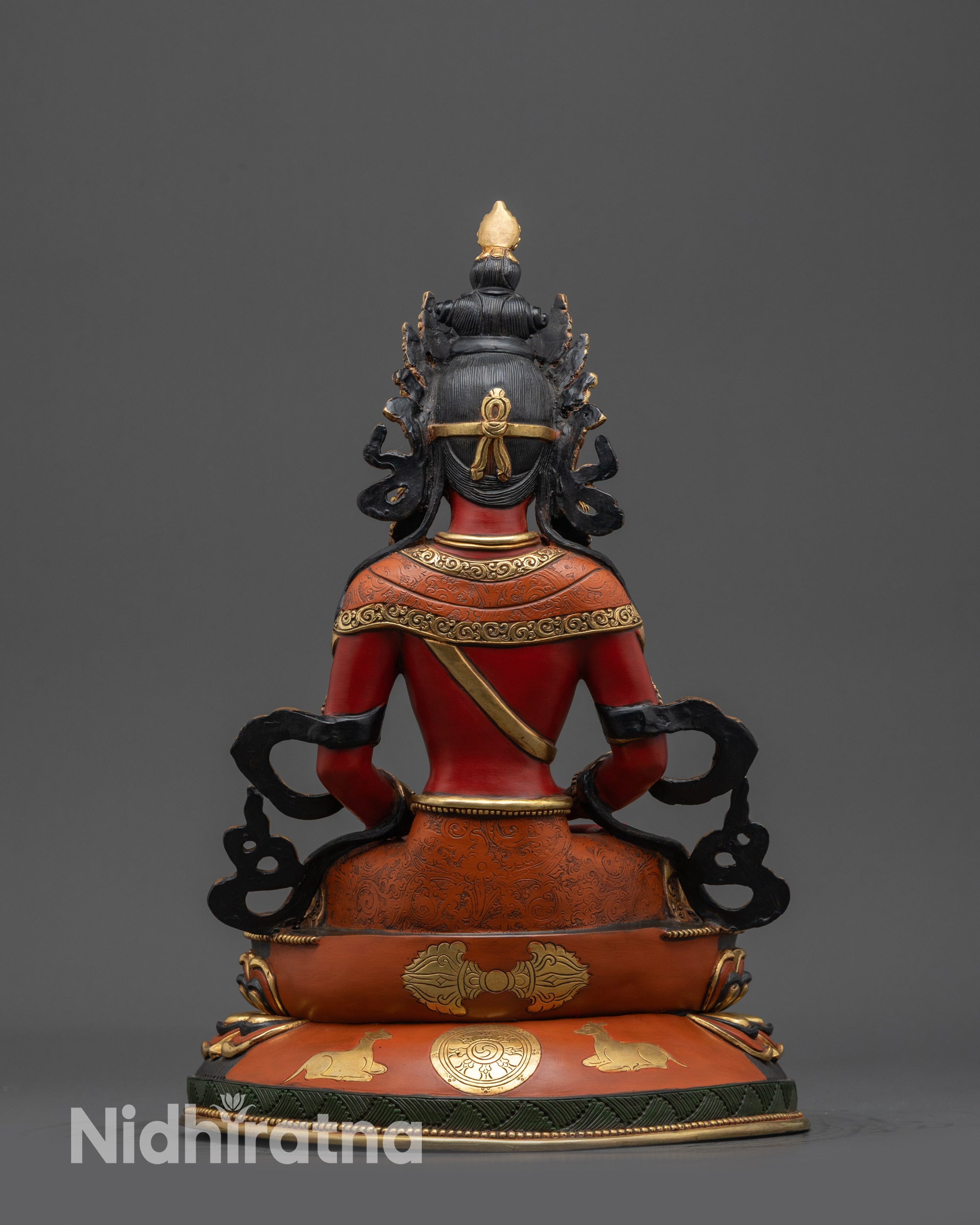 Back view Amitayus gold-plated robe and intricate lotus pedestal craftsmanship