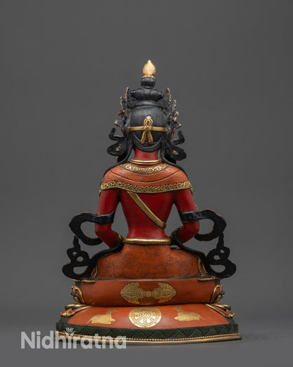 Back view Amitayus gold-plated robe and intricate lotus pedestal craftsmanship