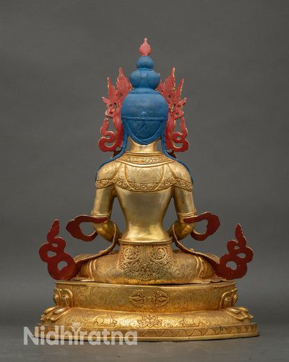 Back view Amitayus statue handcrafted by Newari artisan gold-gilded copper spiritual decor