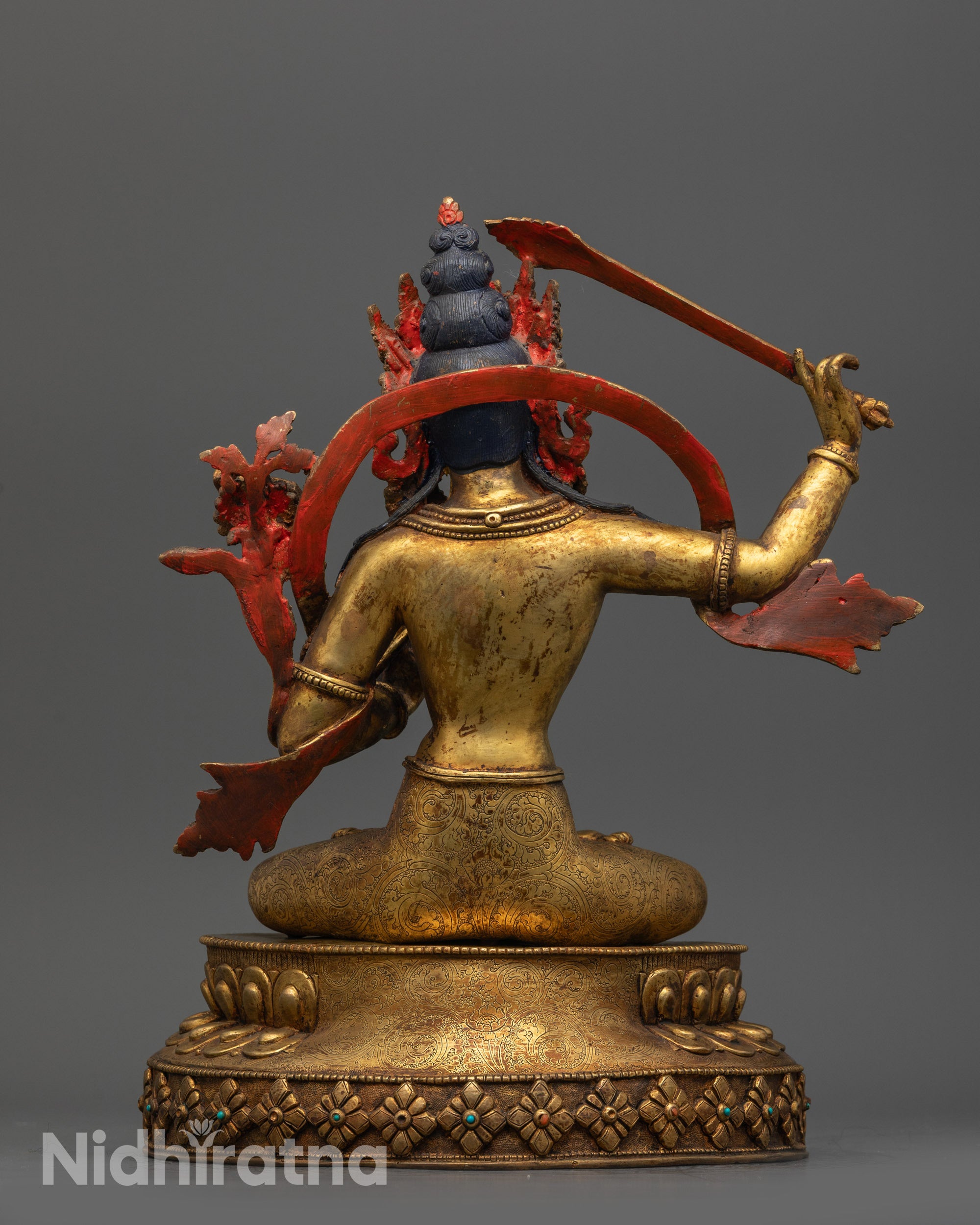 Back view Antique Finish Manjushri Statue with detailed carved patterns and antique finish