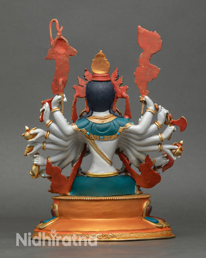 Back view: Back view Chundi meditation statue, detailed lotus throne, flowing silk-like garments