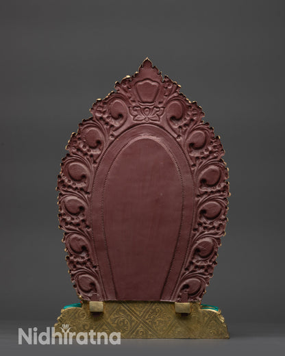 Back view Black Dzambhala Sculpture with carved wrathflame halo and gemstone adornments