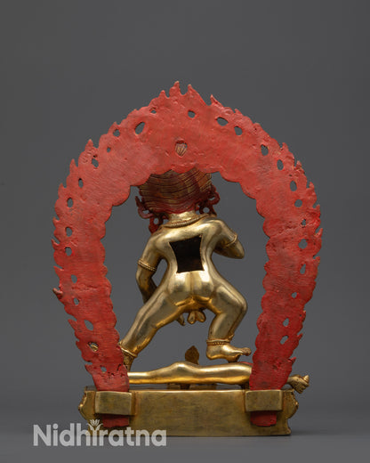 Back view Black Jambhala Nepalese sculpture with flame halo and lotus seat carvings