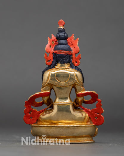 Back view Bodhisattva Amitayus statue carved flowing robes Himalayan Buddhist sculpture