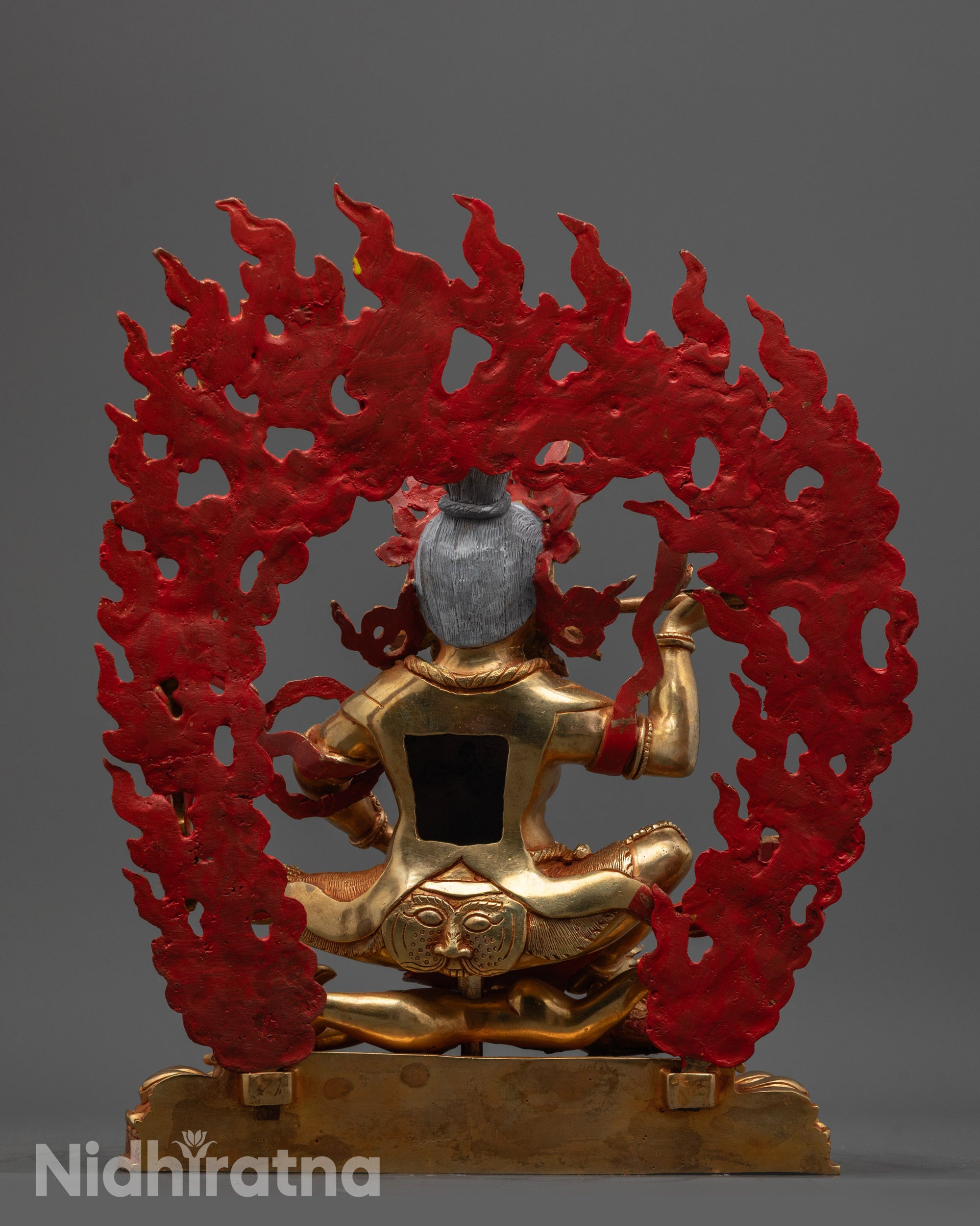 Back view Brahmanrupa Mahakala Statue showing blazing halo bone ornaments and intricate details