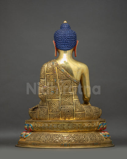 Back view Buddha Shakyamuni Statue showing Uchen mantra and Garuda head on lotus seat