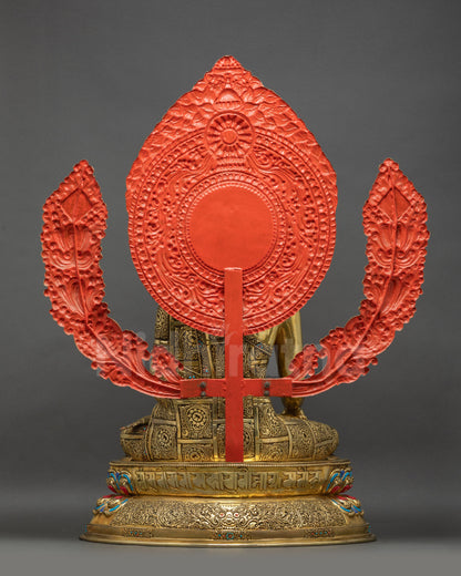 Back view Buddha Shakyamuni Statue showing carved robe draping and detailed halo motifs