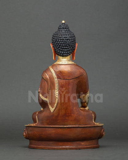 Back view Buddha Shakyamuni statue gold-painted copper meditation decor