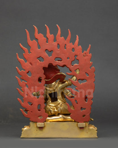 Back view Chaturbhuja Mahakala statue lotus base blazing wisdom flame halo