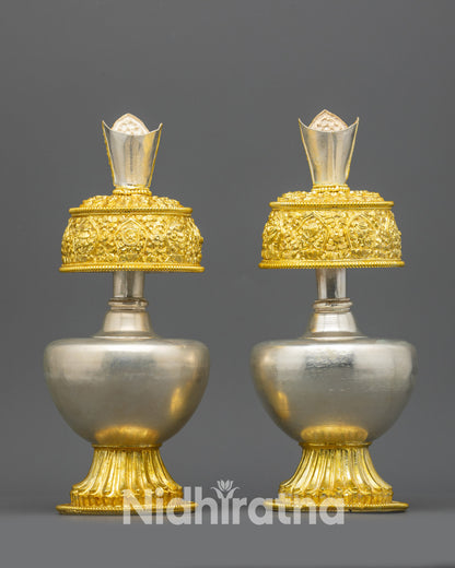 Back view Che Bhumba Set sleek necks and gold-plated smooth bases for Buddhist altars