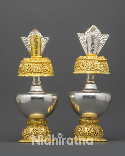 Back view Che Bhumba ceremonial water offering vase with ornate gold-plated base
