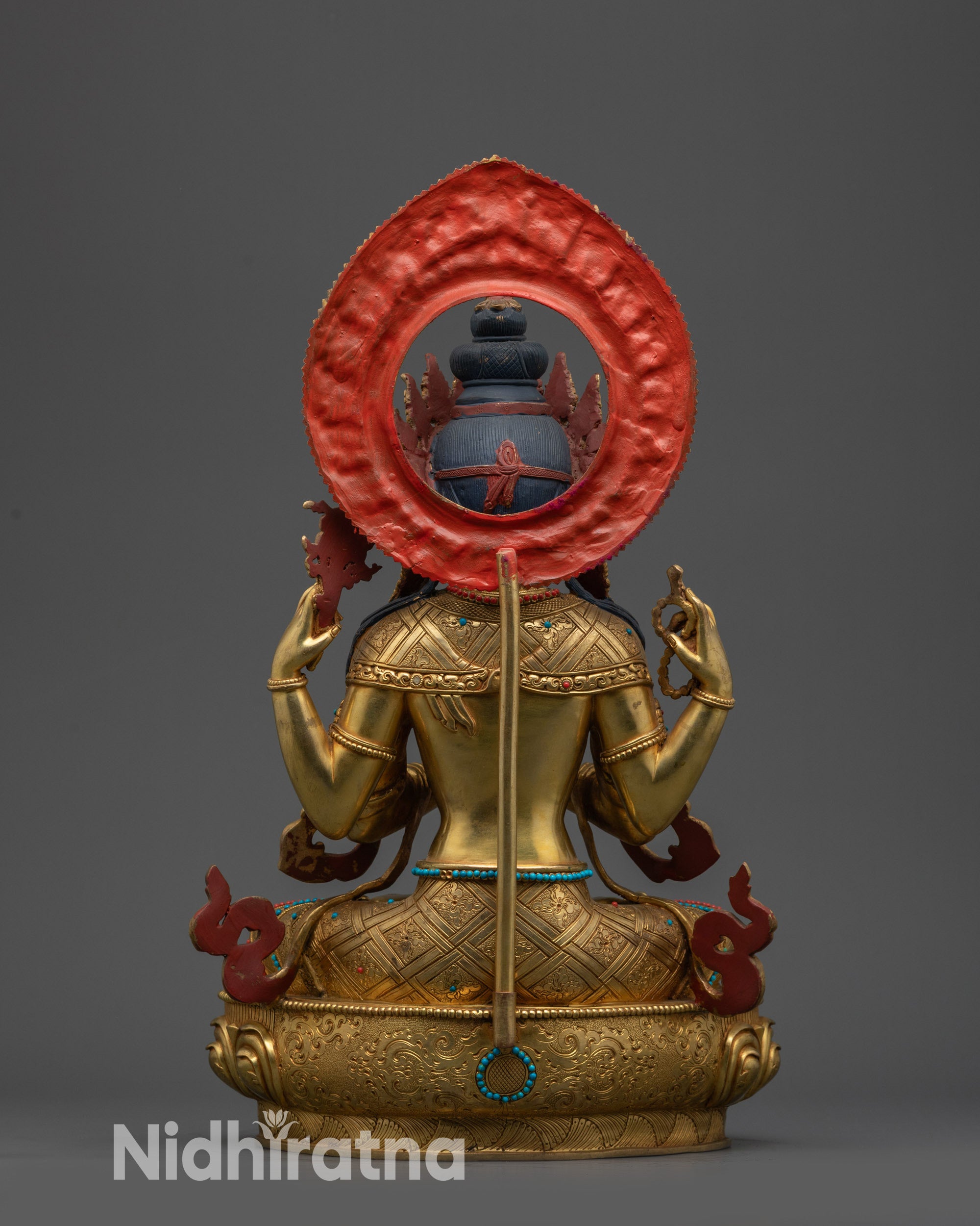 Back view Chenrezig Avalokiteshvara Bodhisattva statue Nepalese Tibetan sacred sculpture