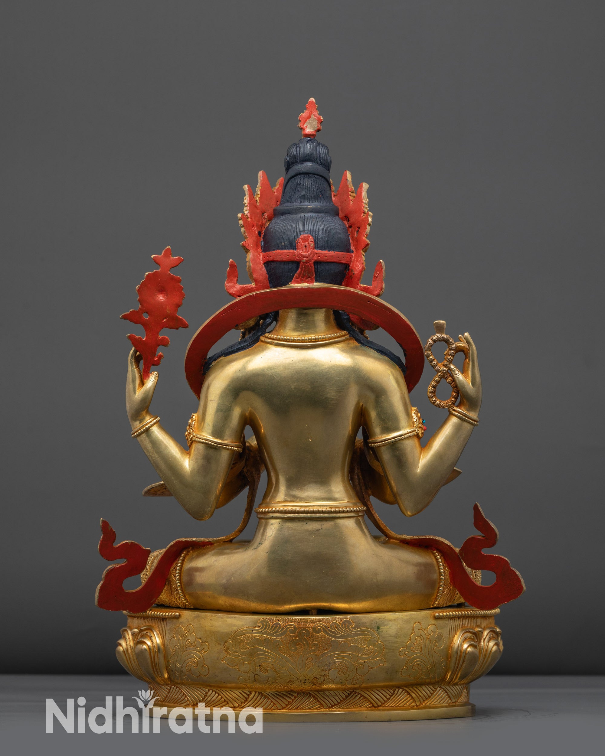 Back view Chenrezig Avalokiteshvara Statue with carved patterns and semi-precious stones