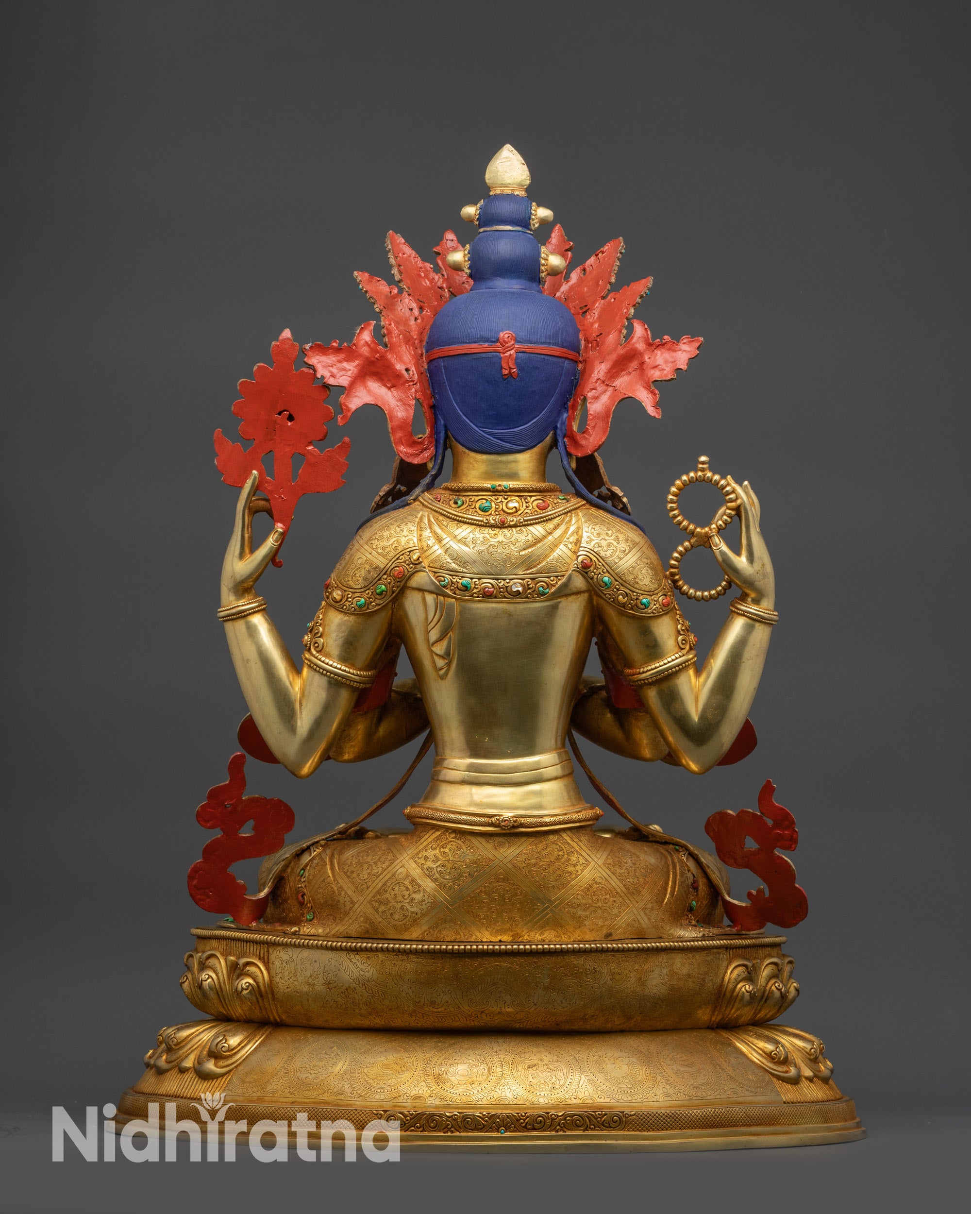 Back view Chenrezig Bodhisattva statue lotus seat with hand-carved auspicious motifs