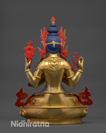 Back view Chenrezig Buddha sculpture showing lotus throne and carvings