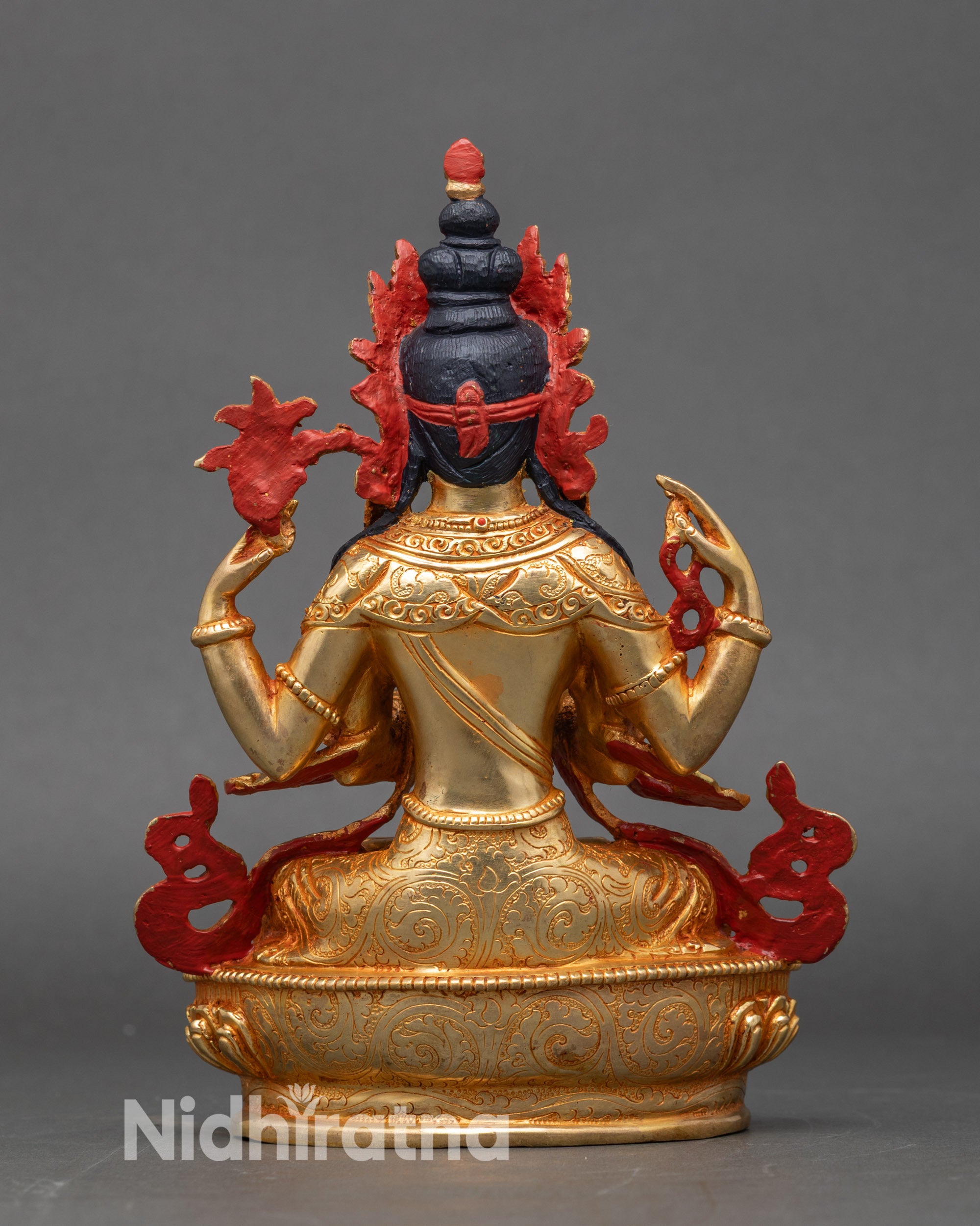 Back view Chenrezig Buddhist statue with carved sacred patterns Patan metal art