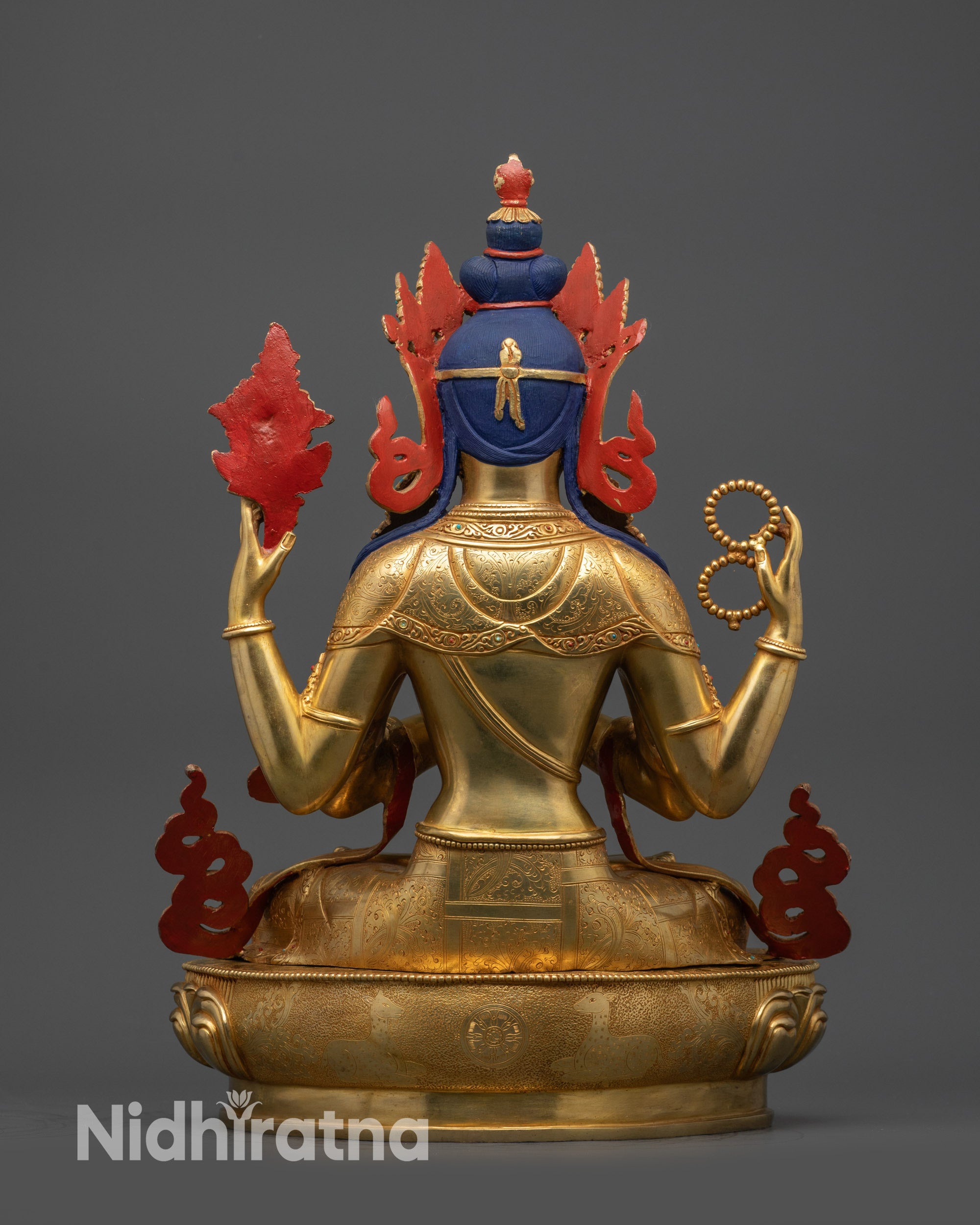 Back view Chenrezig Statue highlighting bright shine finish and detailed craftsmanship