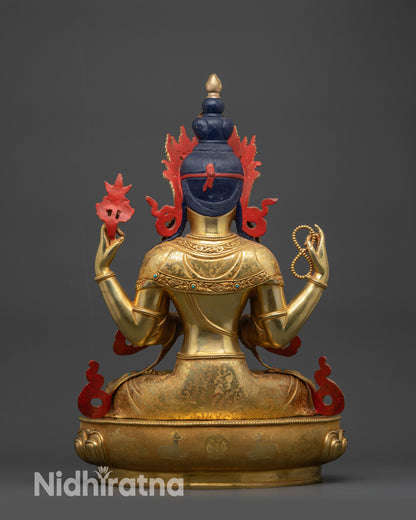 Back view Chenrezig Statue seated on moon disc atop lotus with intricate carvings