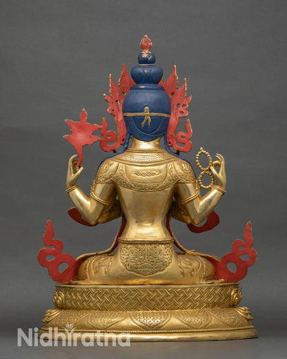 Back view Chenrezig Statue with crystal mala and lotus, crafted by skilled Newari artisans