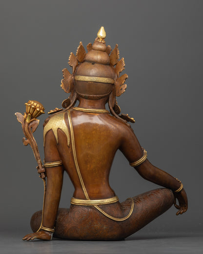 Back view Chenrezig oxidized copper statue gold jewelry intricate Himalayan craftsmanship