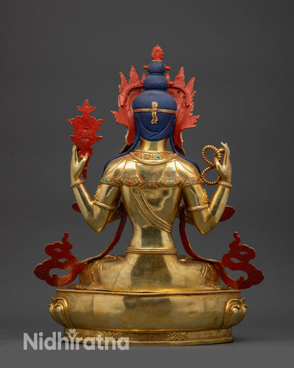 Back view Chenrezig statue Nepal handcrafted gold-gilded robe carvings for meditation