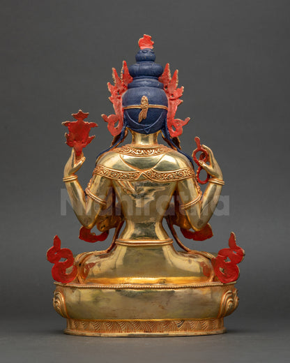 Back view Chenrezig statue Newari craftsmanship gold-gilded copper Nepal
