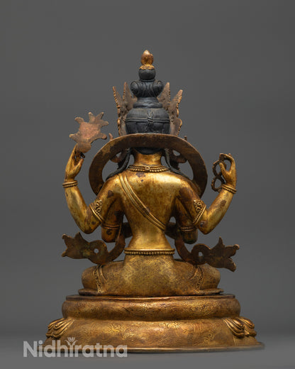 Back view Chenrezig statue displaying intricate patterns and detailed carved robe