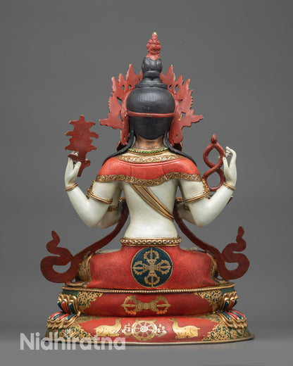 Back view Chenrezig statue featuring intricate carvings and hand-painted robe details