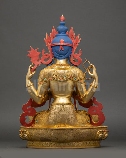 Back view Chenrezig statue gold-gilded copper Himalayan meditation altar decor