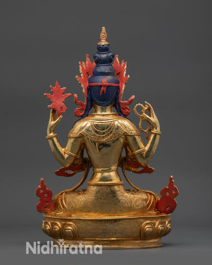 Back view Chenrezig statue gold-gilded copper with intricate carvings for home décor