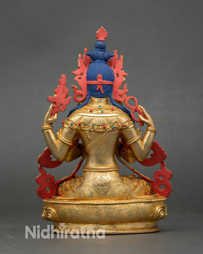 Back view Chenrezig statue, gold-gilded finish, handmade by Newari artisan from Patan Nepal