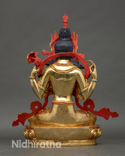 Back view Chenrezig statue handcrafted Nepalese copper with gold-painted face