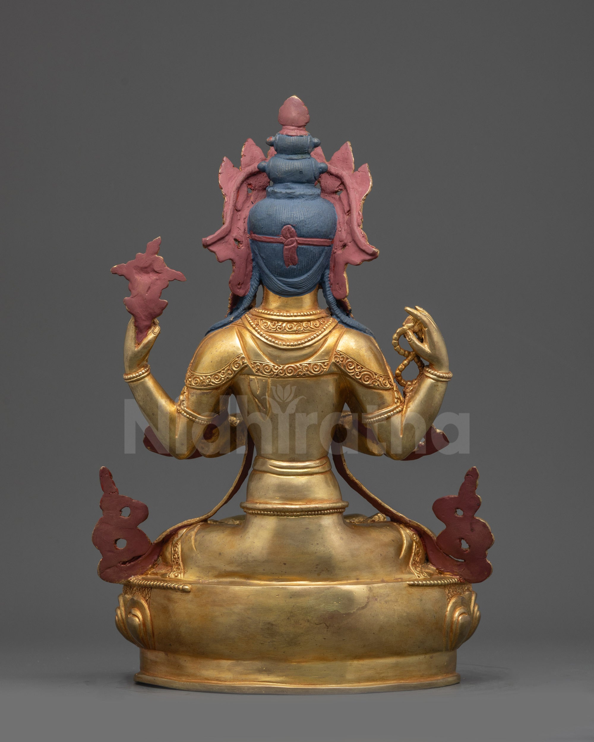 Back view Chenrezig statue in gold fire-gilded copper alloy for home altar and meditation