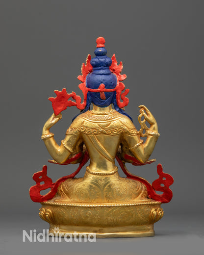 Back view Chenrezig statue showing detailed necklaces and fire-gilded copper finish