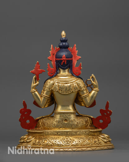 Back view Chenrezig statue with carved floral motifs on lotus seat