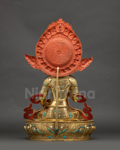 Back view Dorje Sempa sculpture intricately carved lotus patterns and radiant halo motifs