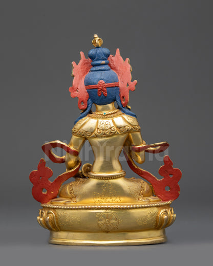 Back view Dorje Sempa statue with intricately carved robe and jewelry on lotus seat