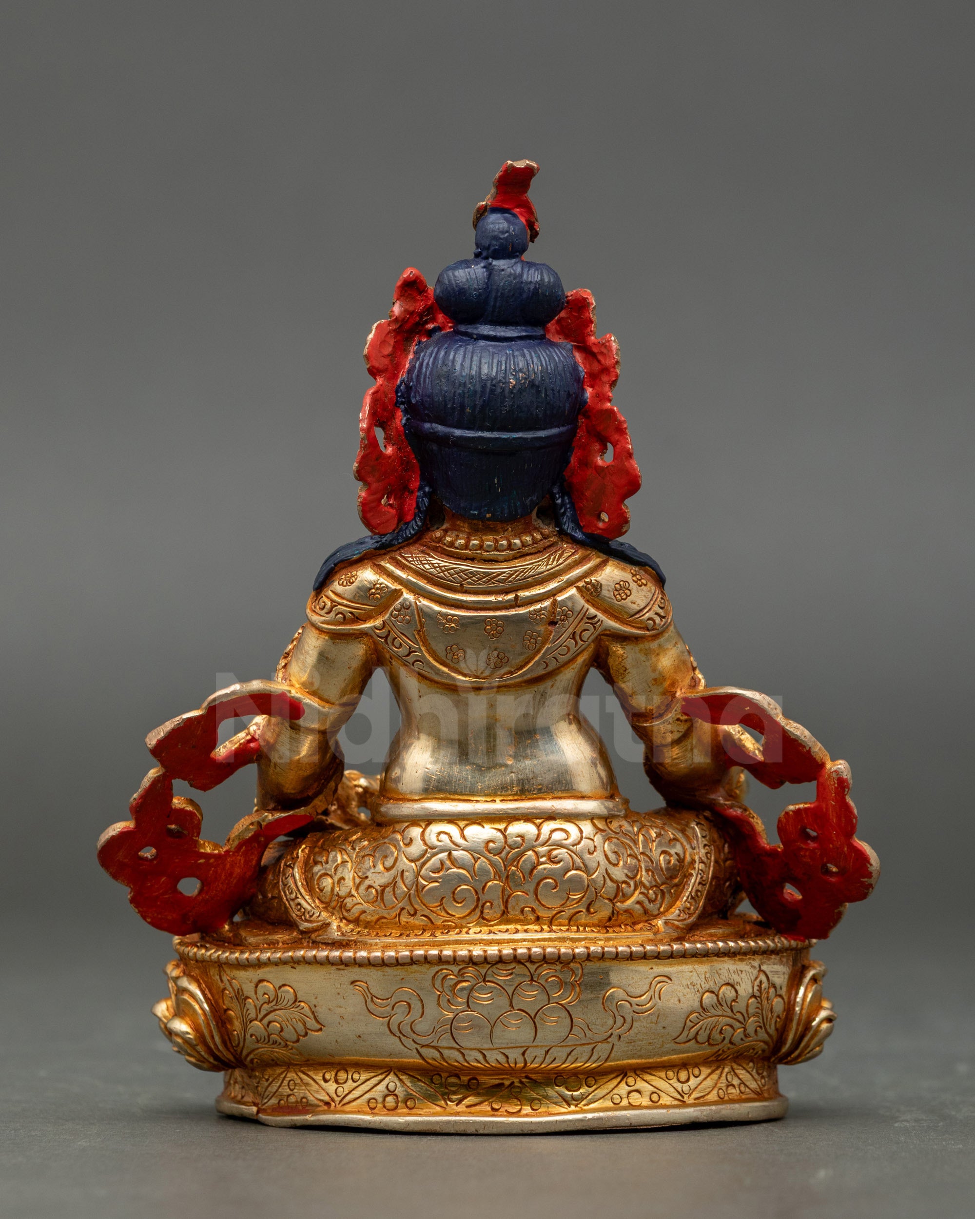 Back view Dzambhala statue lotus throne hand-finished Himalayan sacred metal art