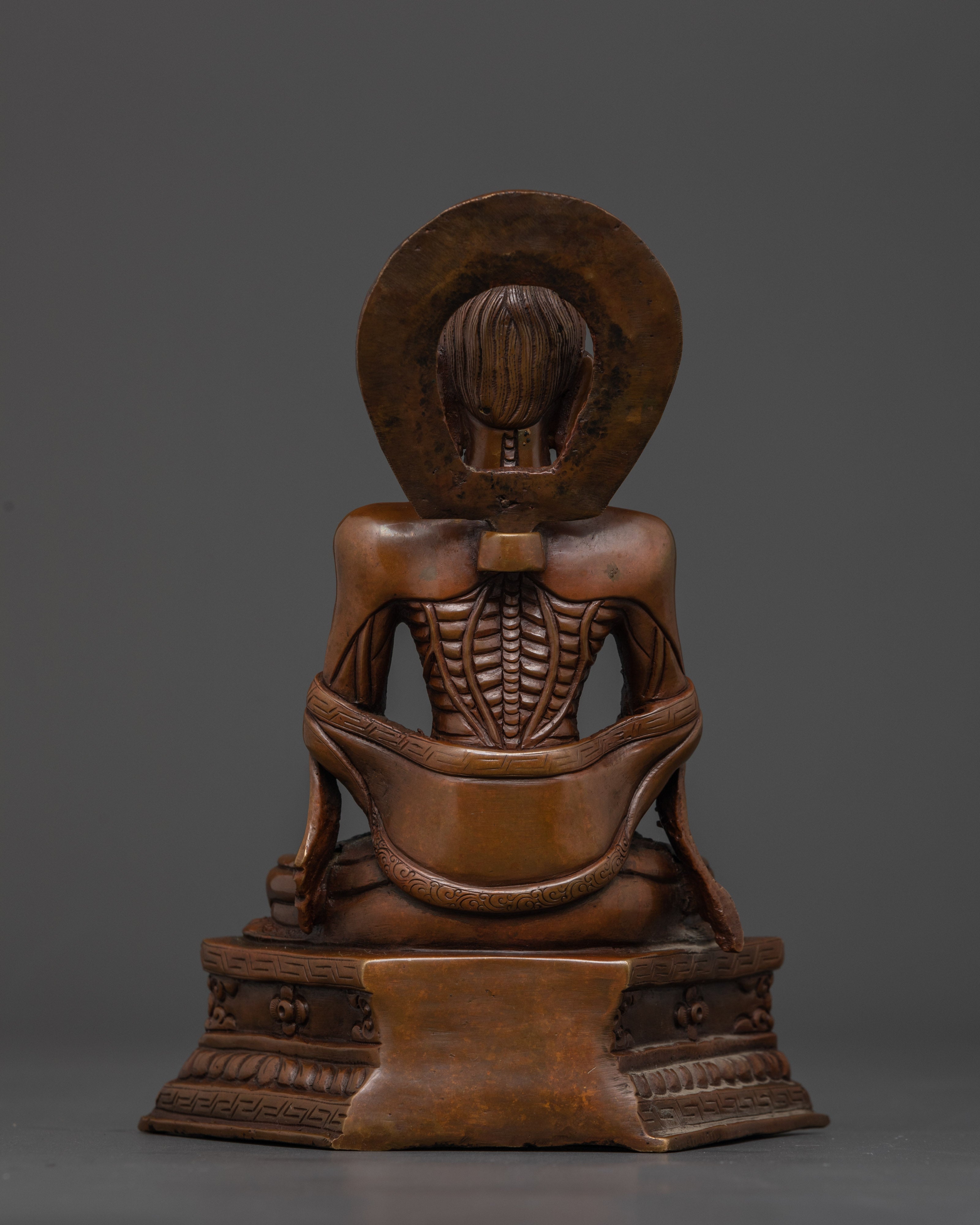 Back view Fasting Buddha oxidized copper statue detailed craftsmanship meditation Buddha