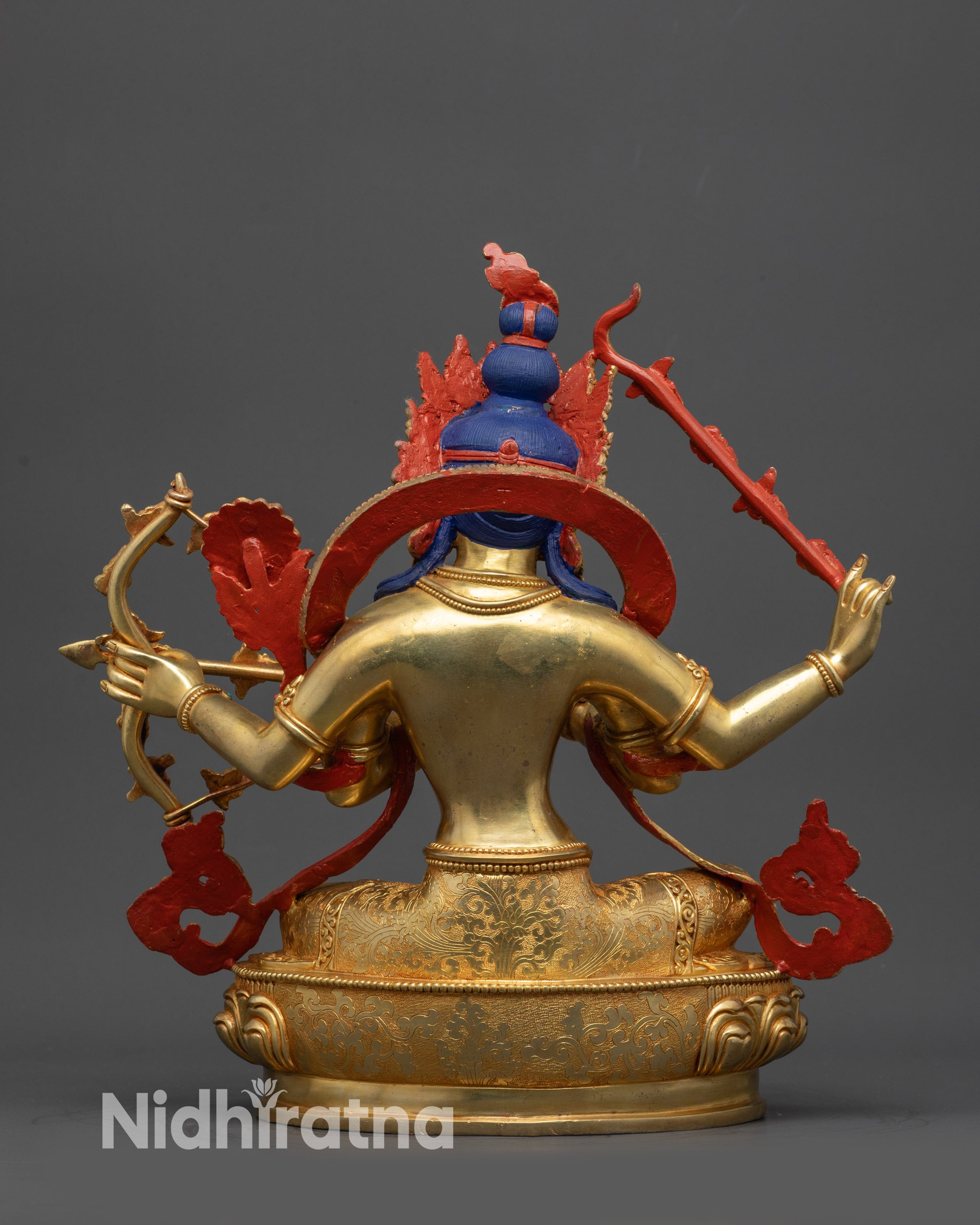 Back view Gold-Gilded Kurukulla Statue highlighting intricate carvings and lotus seat