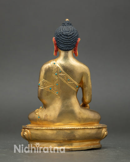 Back view – Gold-detailed Shakyamuni Buddha back, lotus pedestal, Himalayan metal artistry