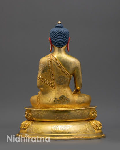 Back view Gold fire-gilded copper Buddha Statue with detailed robe carvings from Nepal