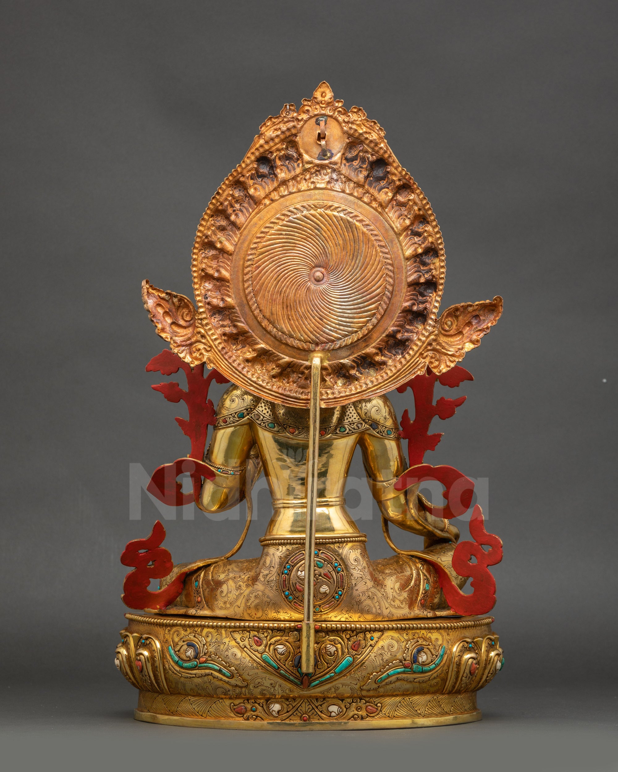 Back view Green Tara Bodhisattva sculpture lotus seat, carved halo flowers and motifs