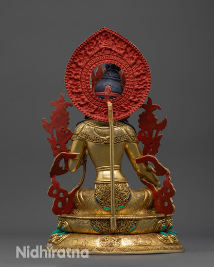 Back view Green Tara Sculpture highlighting floral halo motifs and artisan metalwork