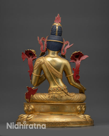 Back view Green Tara Statue Nepalese Buddhist sculpture with carved jewelry and lotus seat