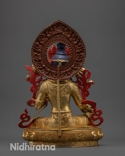 Back view Green Tara Statue carved details on flowing robes and gold-gilded lotus pedestal