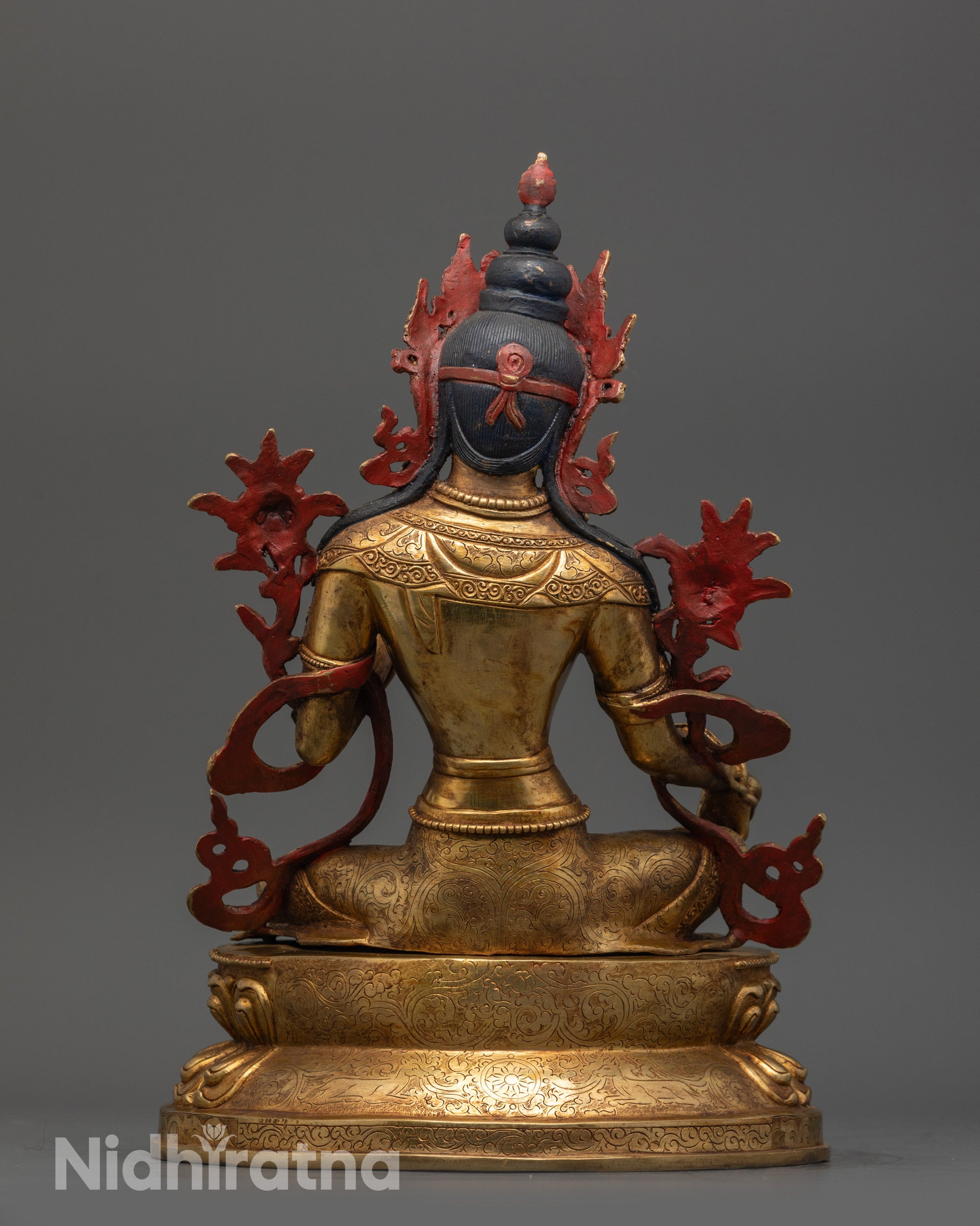 Back view Green Tara Statue crafted by Nepalese artisans with detailed carvings and stones
