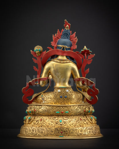 Back view Green Tara Statue showing robe patterns and lotus pedestal