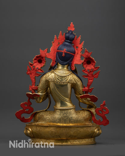 Back view Green Tara Statue with flowing robe and carved jewelry on lotus seat