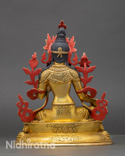 Back view Green Tara copper sculpture with engraved carving details